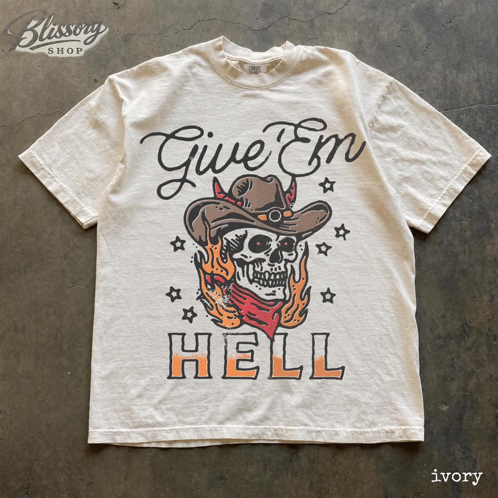 Cowboy Skull Shirt, Western Graphic Tee, Vintage Cowboy T Shirt, Give Em Hell Shirt, Retro Western Shirt, Rodeo Graphic Tee