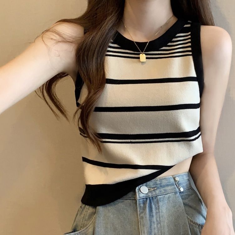 Women's Color-Block Striped Knit Camisole Summer Outer Wear Stylish French Unique Lining Sleeveless Top