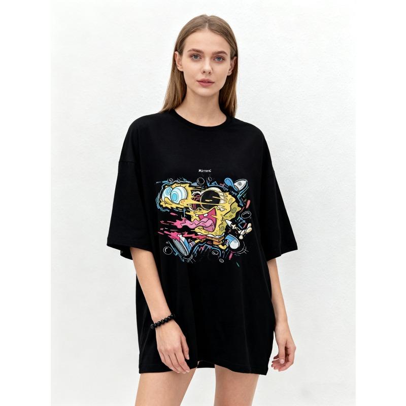 Oversized T-Shirt Black SpongeBob SquarePants Graphic Print With Text MICHIN For Casual Wear Street Style Fashion