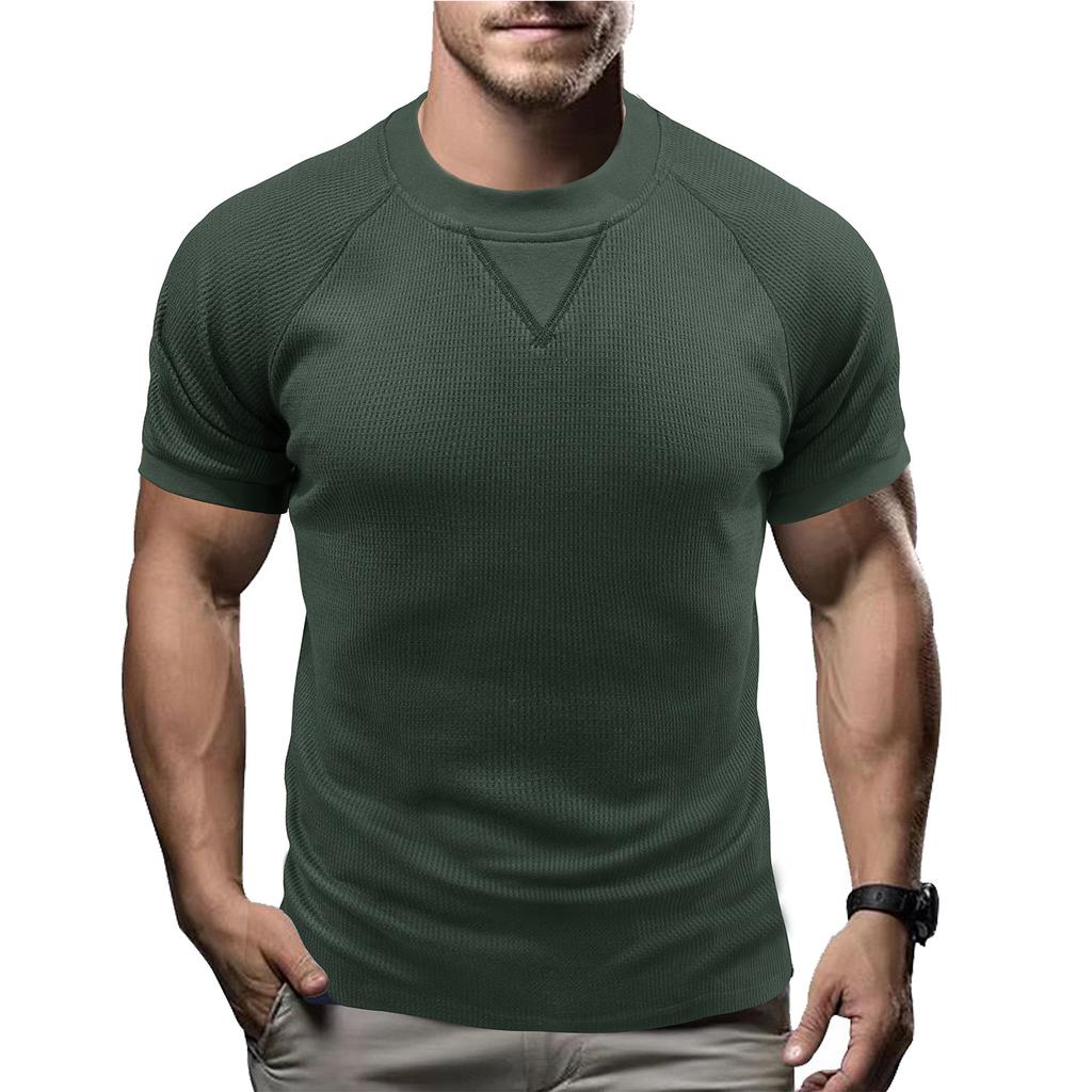 Men Solid Waffle Crew Neck Short Sleeve Loose Casual T Shirt