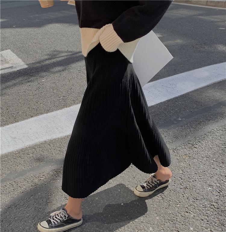 Korean Knitted High Waist Long Skirt for Women Thick Streetwear A-line Skirts Elegant Casual Skirt Autumn Winter