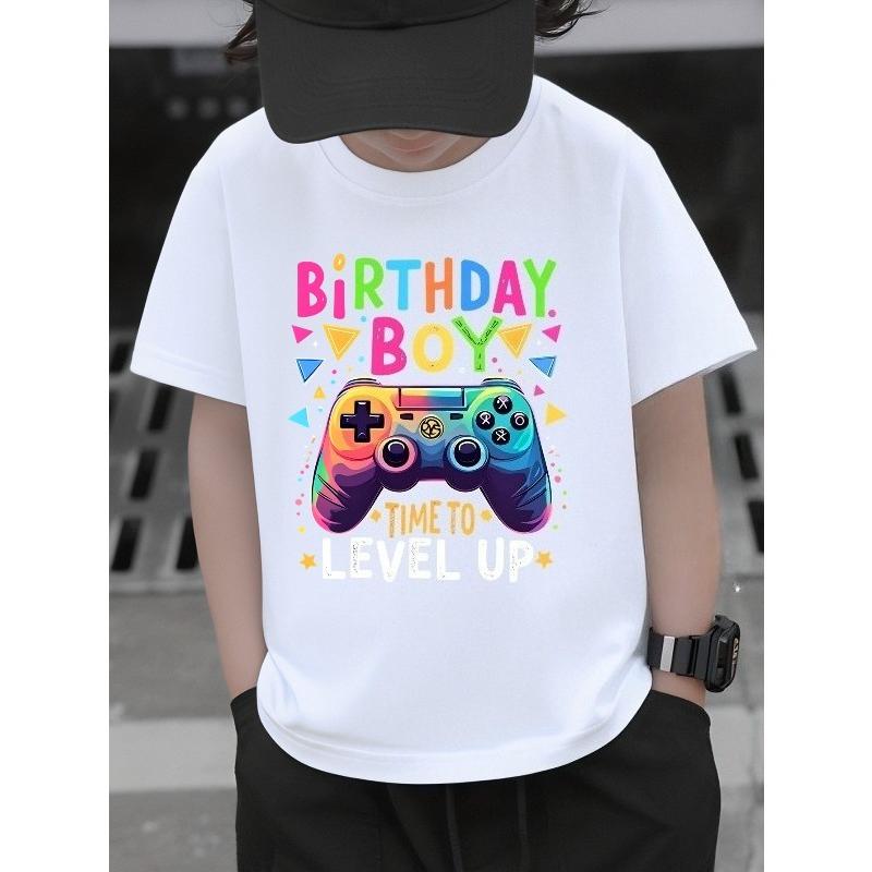 European sizes Boys' T-shirt Birthday Boy Game Controller Level Up, Ideal for Outdoor Activities, Soft Knitted Top, Comfortable And Breathable