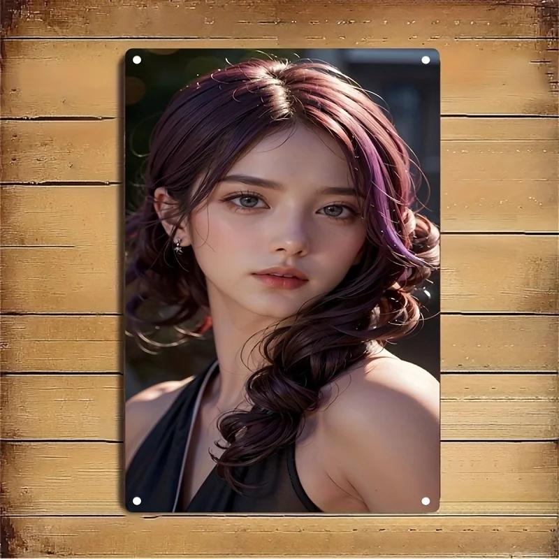 Arte da Parete in Metallo Segno Profilo Donna Coreana Capelli Viola Arredamento Casa Regalo