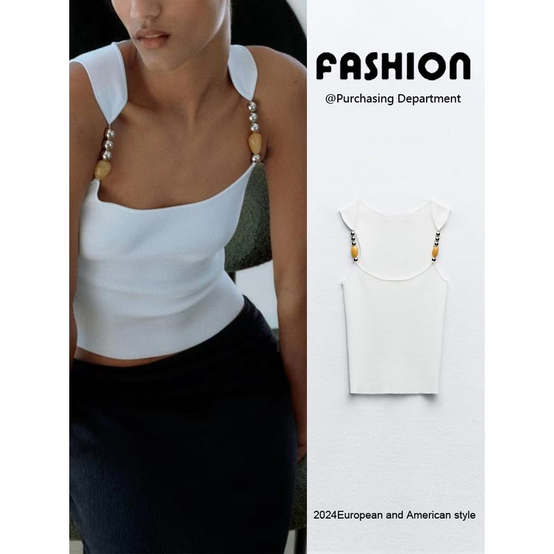 Za2024 Summer New Product Women's Clothes Pure Color Stylish Niche Style Slim Looking Comfortable Basic Beaded Vest Tops