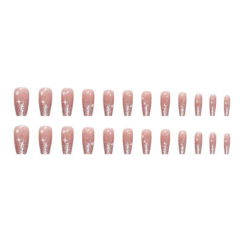24 Pcs Medium and Long Sweet Valentine's Day Manicure Temperament Cat Eye Glitter Powder Star Love Fake Nails Wear Nail Pads