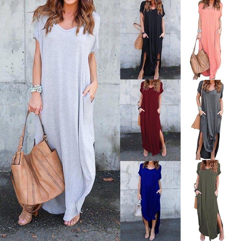 Polyester Vneck Pocket Split Long Dress For Casual Summer Wear