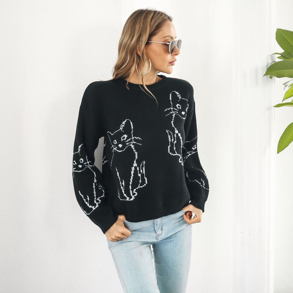 GMXIA Damenmode, lässig, Kätzchen-Druck, Herbst-Winter, langärmelig, halber Rollkragenpullover, lose Pullover