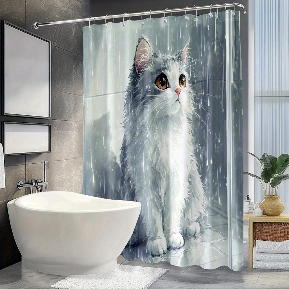 1pc Fluffy White Cat Shower Curtain - Realistic Digital Illustration with Yellow Eyes & Pink Nose, Soft Muted Colors