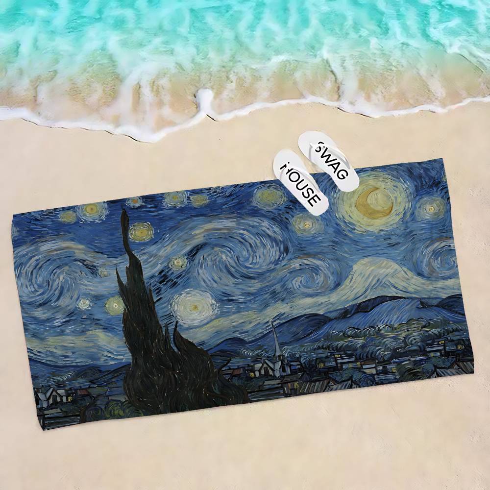 Van Gogh Starry Sky Art Microfiber Printed Beach Towel Mountain Climbing Yoga Beach Swimming Running Absorbent Soft Towel