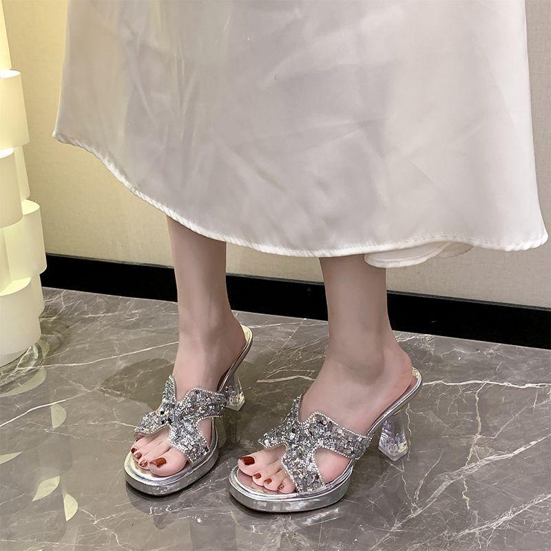 Niche crystal thick heel high heel one-word women 2025 summer new fashion versatile comfortable open-toed cool slippers women