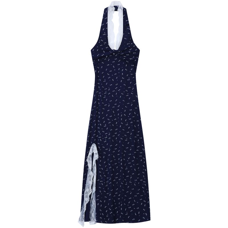 

Niche Design Lace Patchwork Dress Vintage Floral Halterneck Skirt Women s Clothing Summer Chic Temperament Long Dress Picture color L