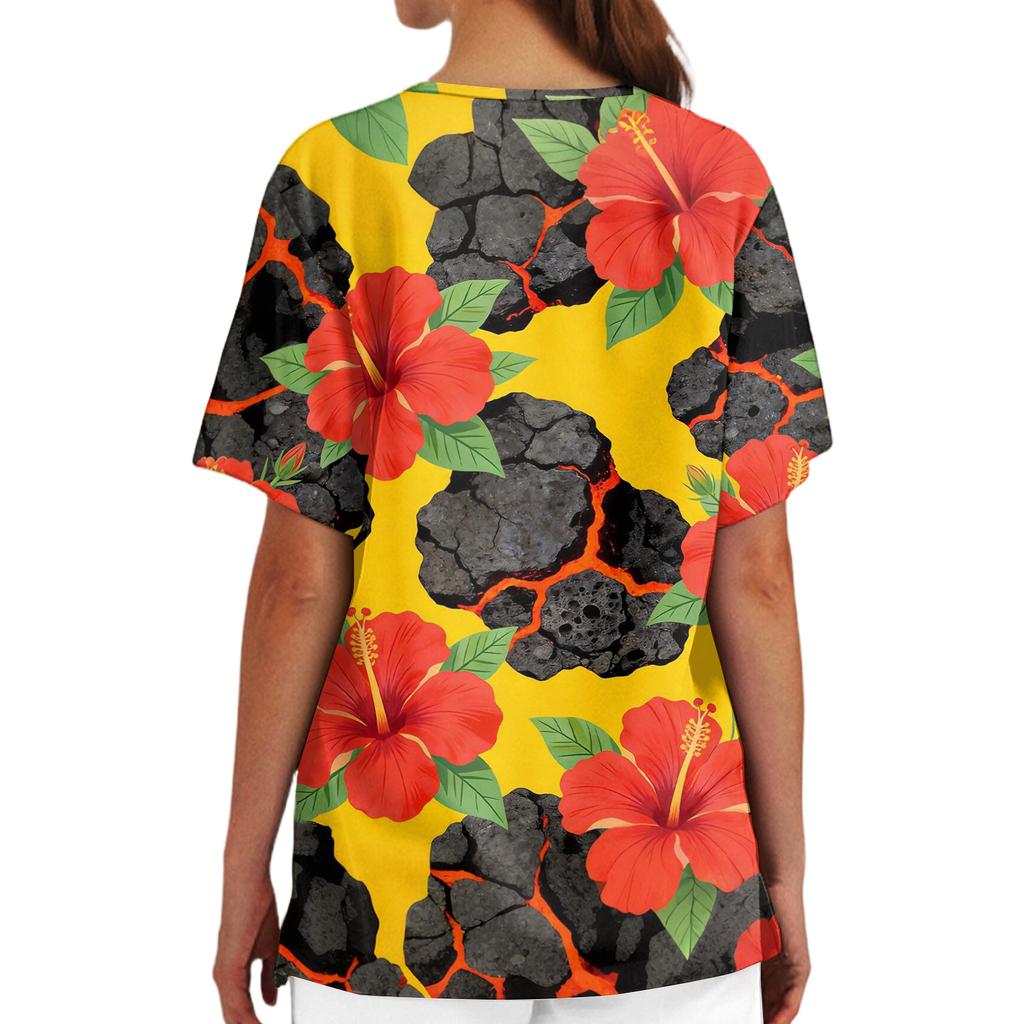Women V Neck Medical Scrub Top Hawaiian Print Short Sleeve Side Slit Nursing Uniform Shirt with Front Pocket Comfortable Fit