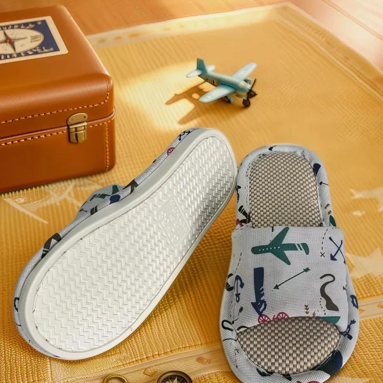 Kids Linen Slippers Cartoon Cute Boys Girls Indoor Non-Slip Absorbent House Shoes