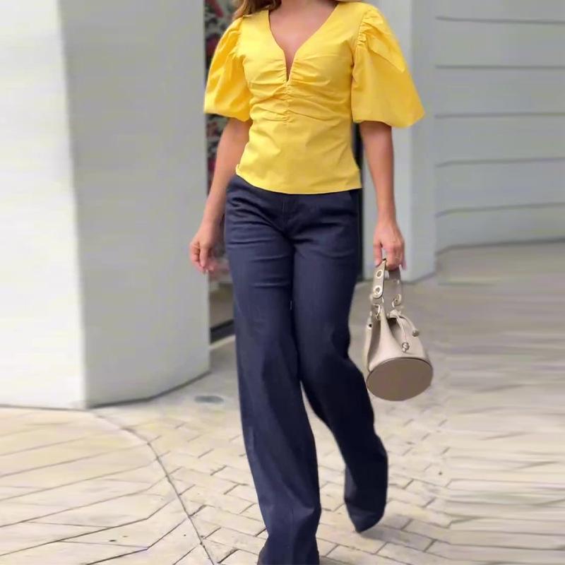 

Летний европейско-американский топ с V-образным вырезом и рукавами-буфами в комплекте с джинсами прямого кроя XL жёлтый