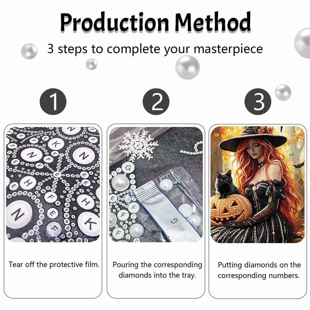 DIY Pearl Bead Art Canvas Witch with Black Cat Pumpkin Pattern Frameless 3D Painting Kit for Bedroom Living Room Wall Decor