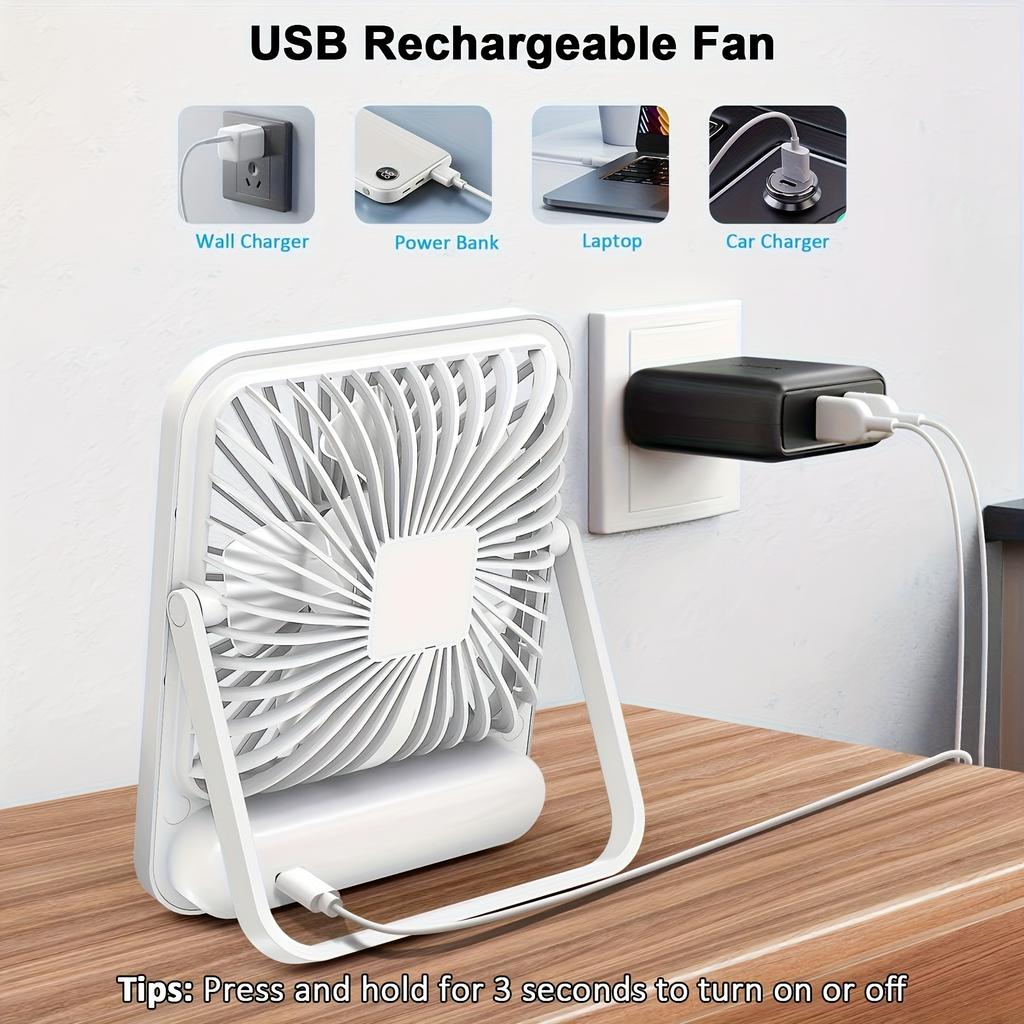 Ultra-quiet portable desk fan, 180 ° rotation, 5-speed adjustable wind, USB charging, power display - ideal for home, office, travel and outdoor use