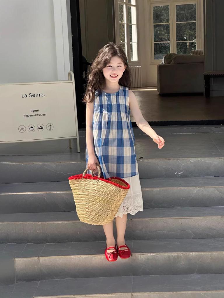 Stylish Plaid Stripe Vest & Lace Hem Top Two-Piece Set for Girls - Summer 2026 Collection