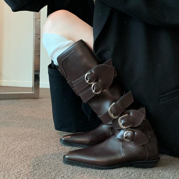 Cowhide version~ Brown boots Femininity pointed V-mouth thin belt buckle but knee high thick heel knight boots
