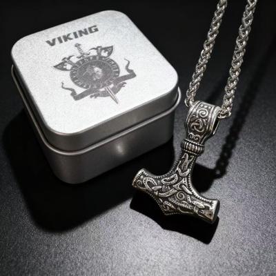 HNSP Nordic Odin Viking  Mjolnir Stainless Steel Pendant Necklace For Men Vintage Runes Thor Hammer  Accessories