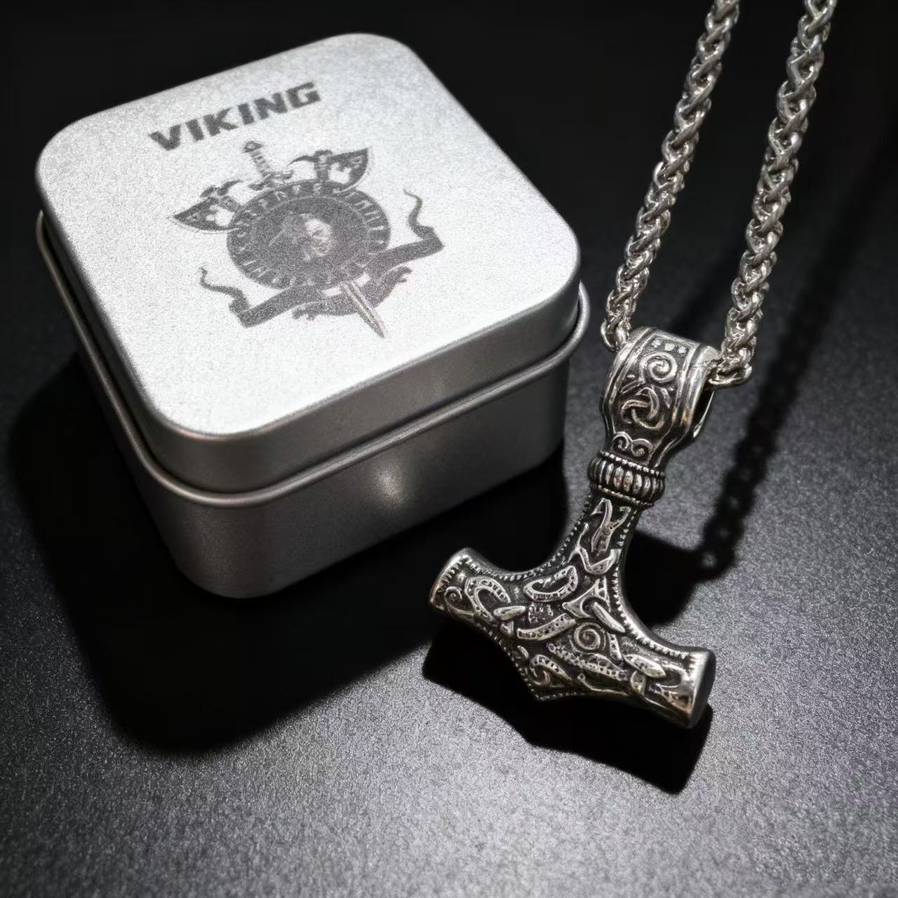 Nordic Odin Viking Mjolnir Stainless Steel Pendant Necklace For Men Vintage Runes Thor Hammer Jewelry Accessories