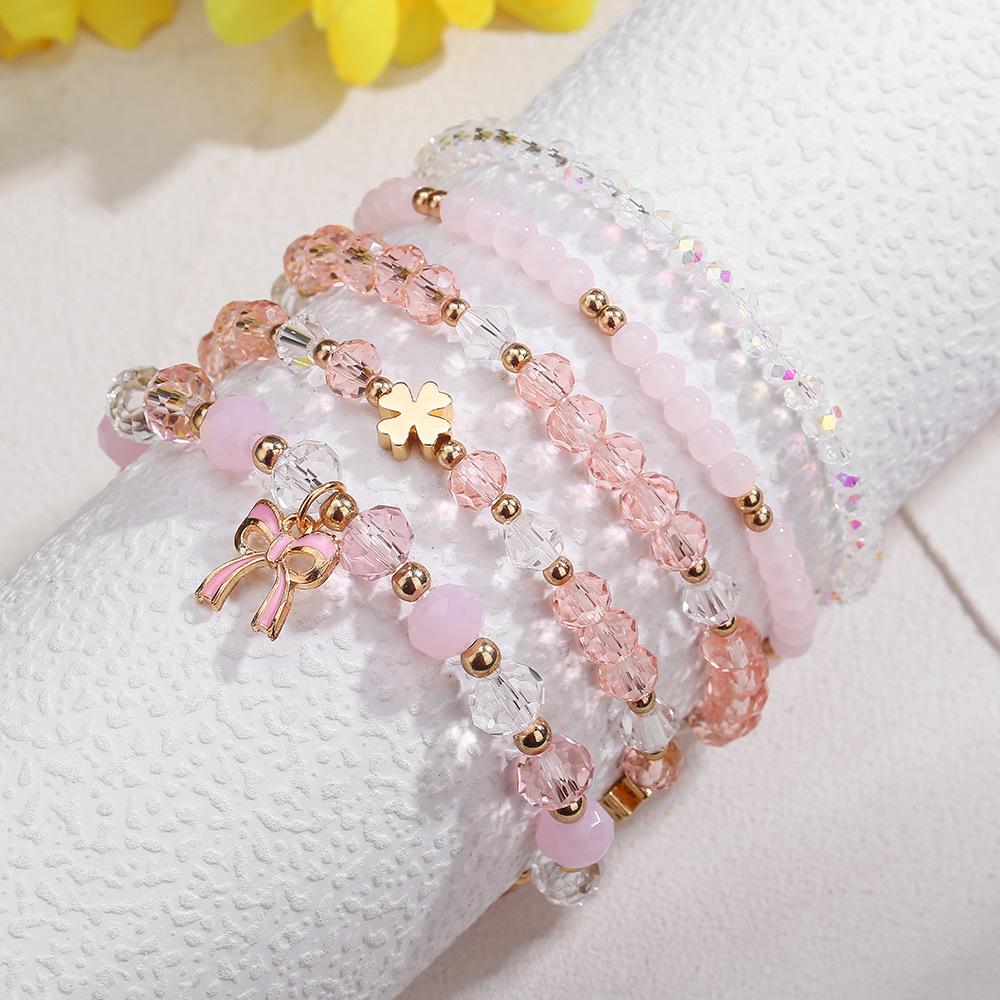 Hot Selling Girlfriend Bracelet Bohemian Pink Bow Pendant Bracelet Female Pearl Crystal Bracelet Set