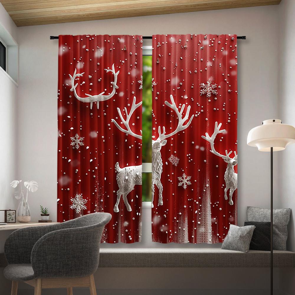 2pcs Reindeer Christmas Curtains - Festive Red & White Snowflake Design   Rod Pocket Window Treatment for Bedroom   Living Room   K