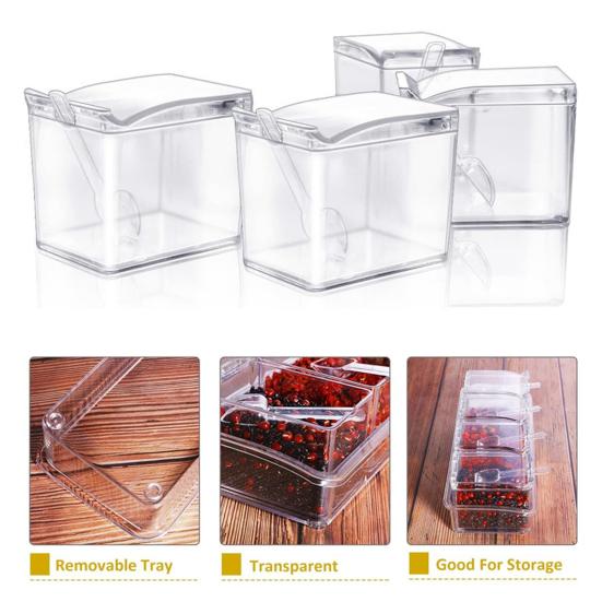 Yousheng Transparent Spice Container Set with Lids And Spoon 4-in-1 Kitchen Organizer for Salt Sugar Pepper Airtight Pantry Storage