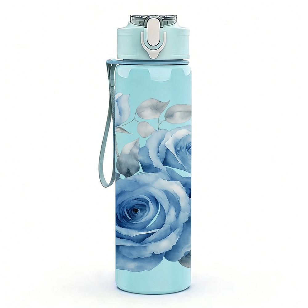 1PC Soft Blue Rose Floral Art Print 750ml Color Plastic Sports Water Bottle Leakproof Flip Straw Lid Suitable for Sports Office Home Use