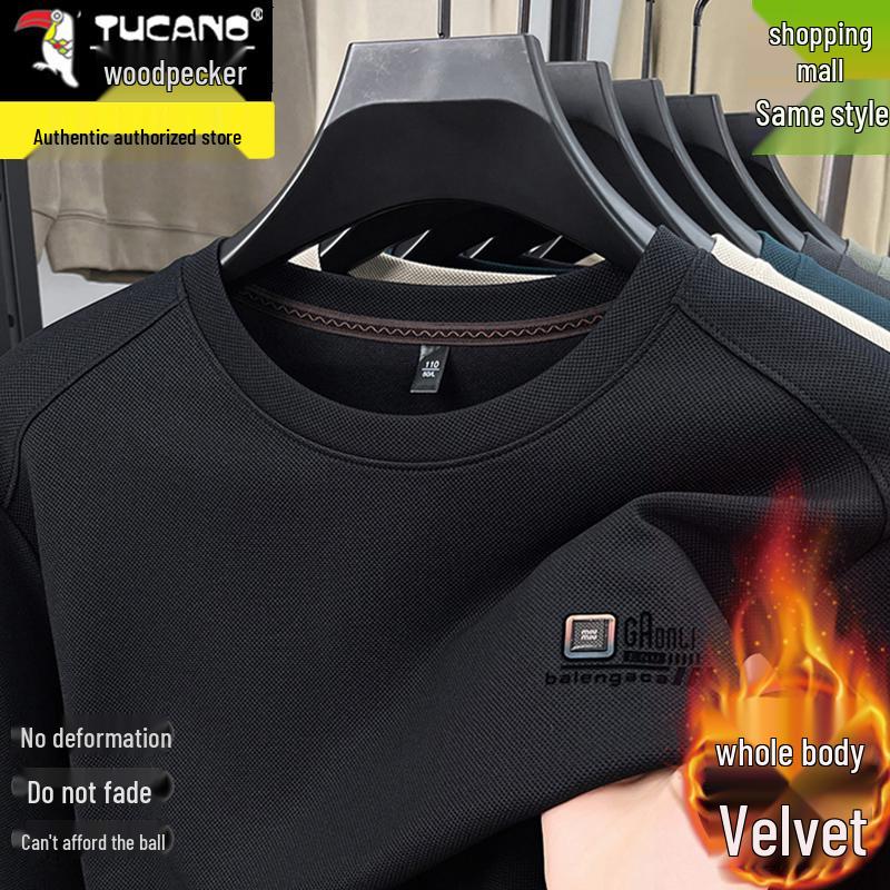 Woodpecker Men's Fleece-Lined Long Sleeve Sweatshirt - Warm Autumn/Winter Round Neck Top