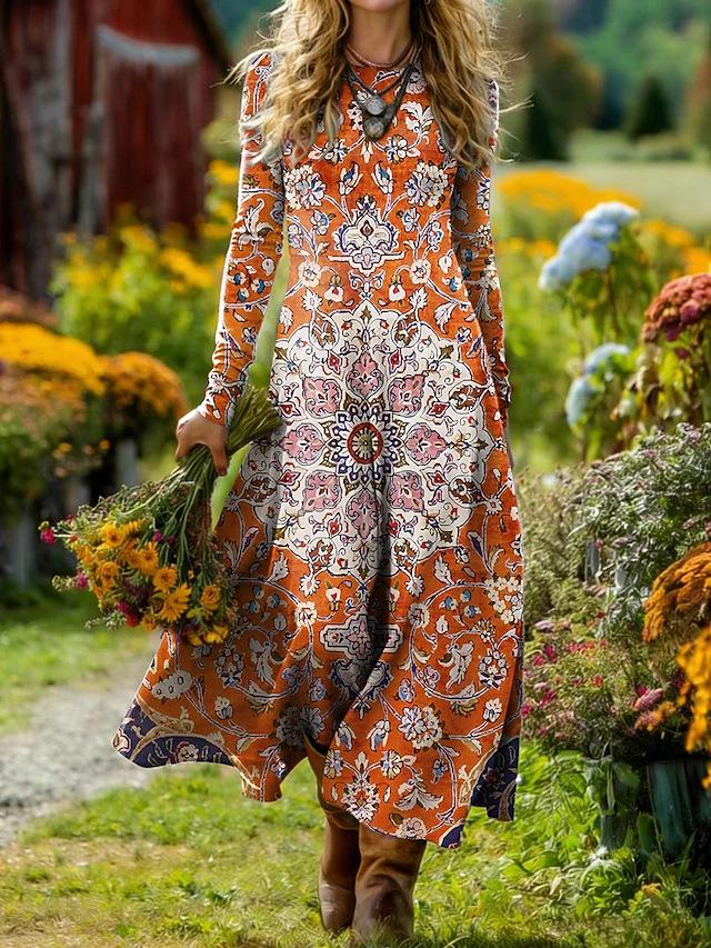 Women's Mid-Length Bohemian Retro Print A-line Dress for Holidays