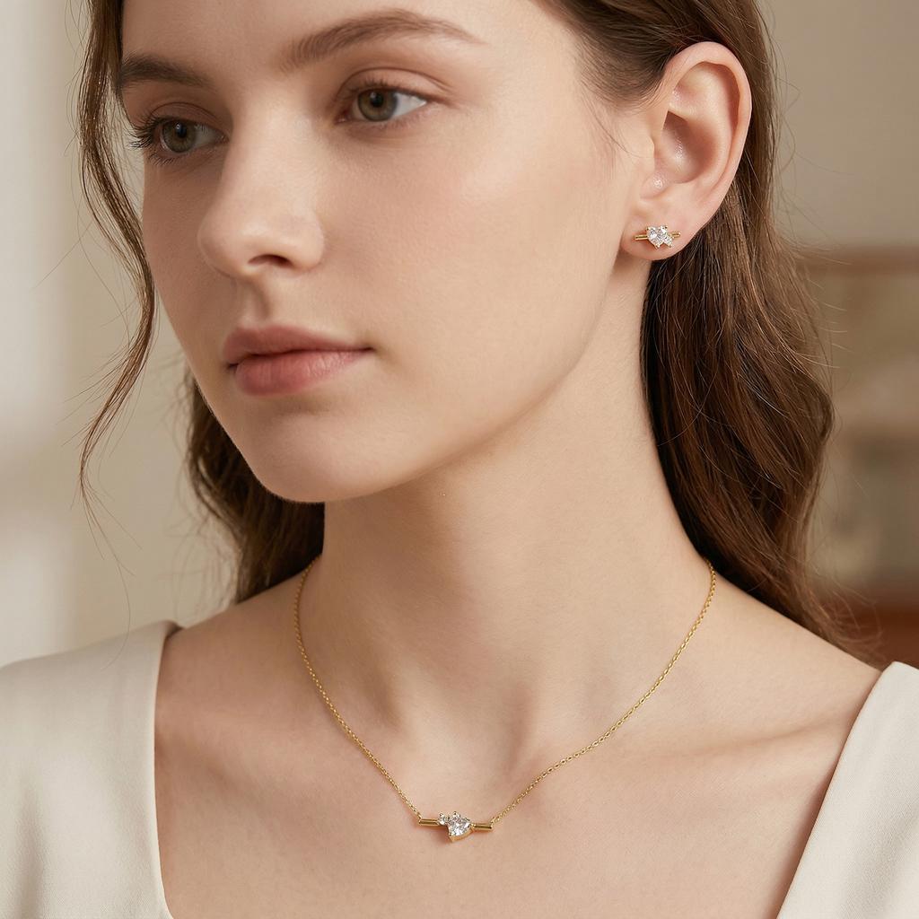 Minimalism Gold Plated 925 Sterling Silver Heart Moissanite Pendant Necklace Earrings Trendy Certified Jewelry Set for Women