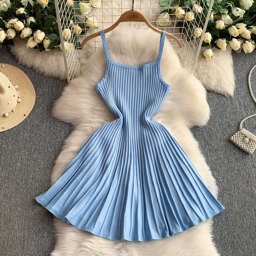 Small man pure desire backless suspender dress women's summer new striped knitted waist thin a word short skirt