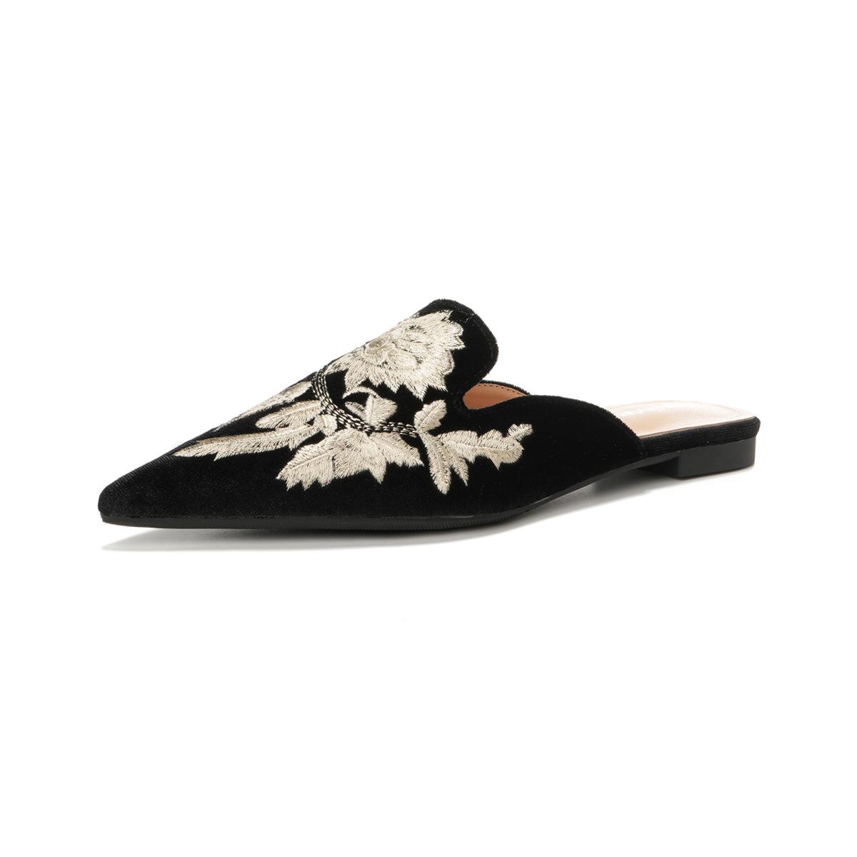 Borduurwerk Dames Muiltjes Slippers Luxe Mode Elegant Puntige Neus Instapschoenen Dames Jurk Flats Sandalias 39 black