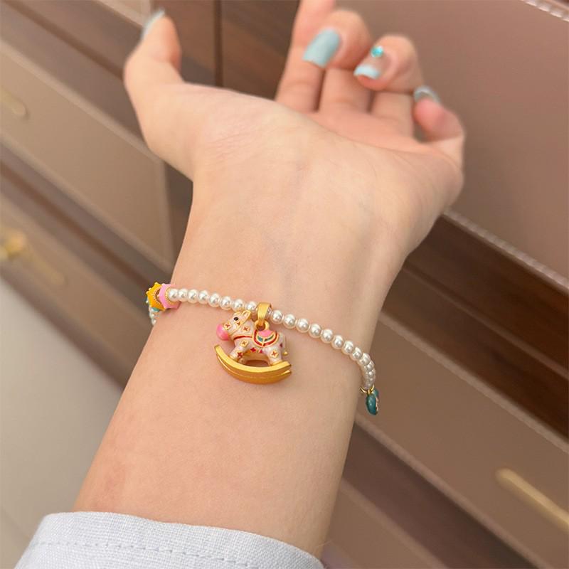 Retro Rocking Horse Pearl Necklace with Colorful Enamel - Luxurious Clavicle Chain