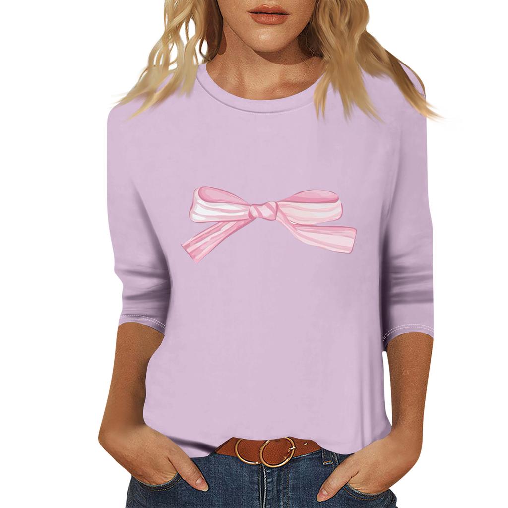 Ladies' Fashionable And Casual Seven Quarter Sleeve Bow Printed Pullover Top