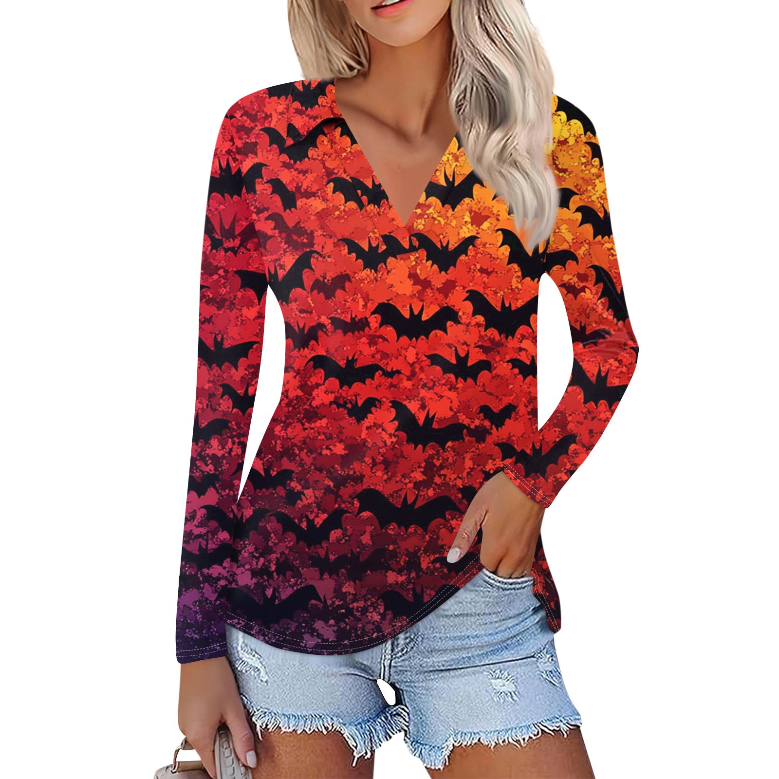 

Женская летняя модная повседневная рубашка с v-образным вырезом и длинным рукавом с принтом, топ XL