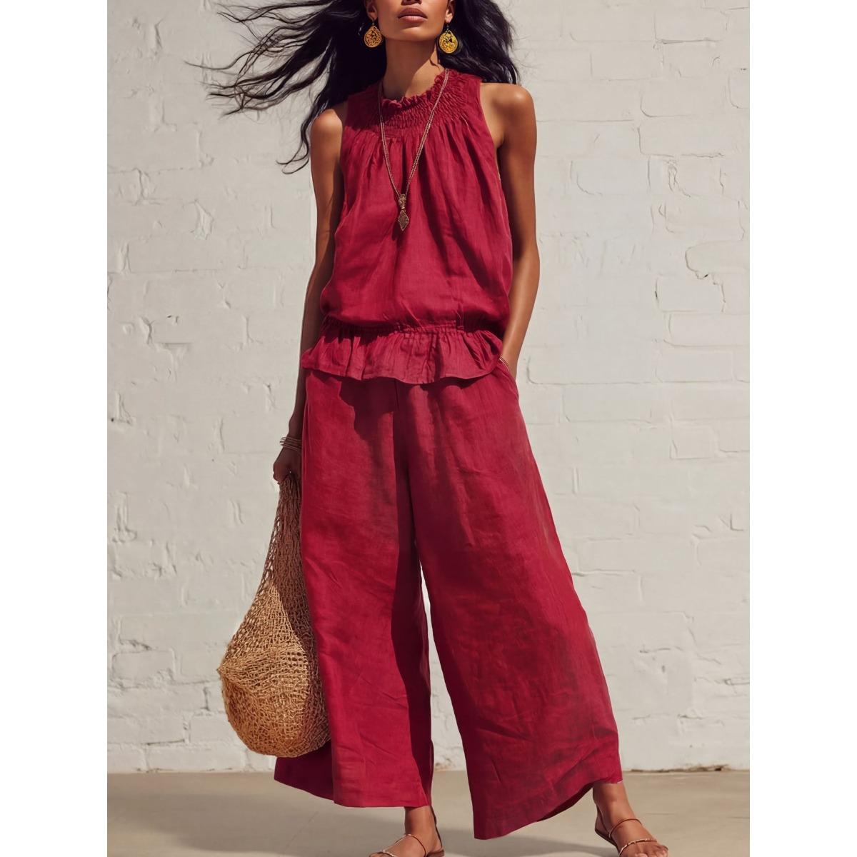 Women s Smocked Ruffle Hem Sleeveless Top and Wide Leg Pants 2 Piece Casual Set S алый