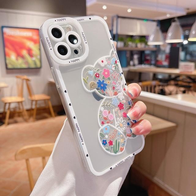 

Мягкий чехол для телефона с рисунком медведя и цветами для Iphone 13 14 Pro Max 12 11 X Xs Xr 7 8 Plus Se 2020, мини-прозрачный чехол For iPhone SE 2020