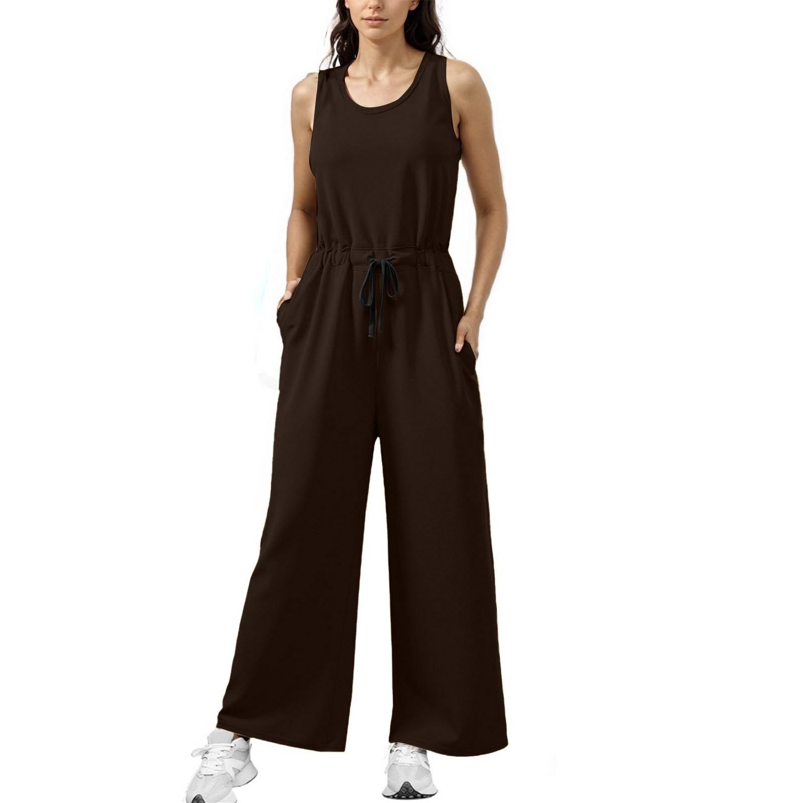 

Womens Casual Wide Leg Jumpsuits Summer Sleeveless Loose Fit Jumper Drawstring Workout Outfits XS кавовий