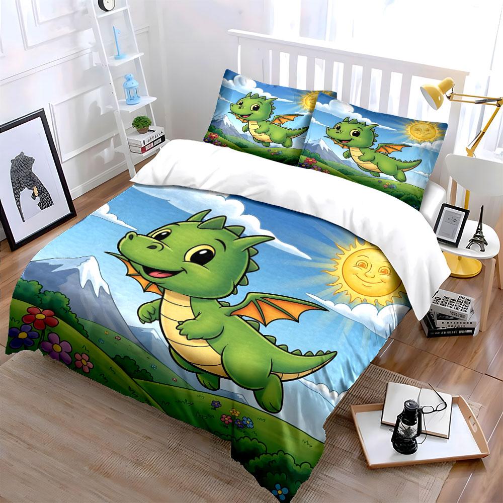 Multiple sizes Cute cartoon dragon Print Bedding Set 1 Duvet Cover 2 Pillowcases for Adult and Children Luxury Gift Full Size