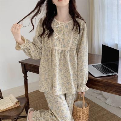 Women Pajamas Garden Style Student Homewear Two-Piece Korean Version of the Bow Can Be Worn Outside Long-Sleeved Women