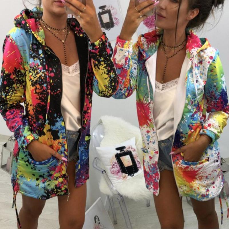 European & American Style Plus Size Women's Printed Hooded Long-Sleeve Mid-Length Hoodie Jacket for Autumn & Winter