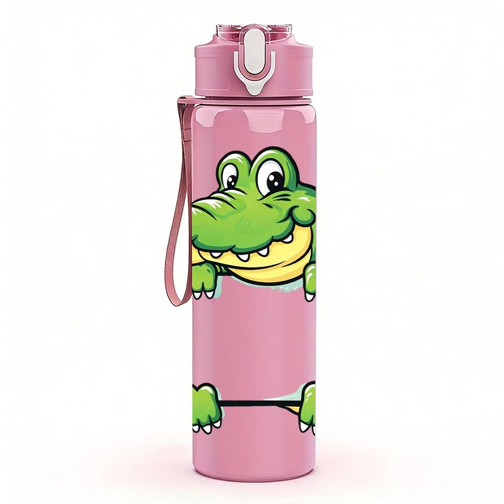 1PC Cute Crocodile Cartoon Animal Print 750ml Color Plastic Sports Water Bottle Leakproof Flip Straw Lid Suitable for Sports Office Home Use