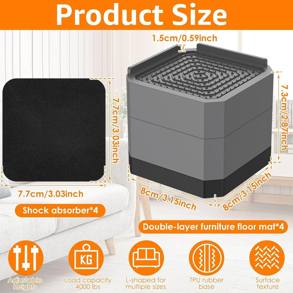 4Pack Bed Risers 3 Inch Stackable Furniture Risers Adjustable Anti-Slip Chair Raisers Heavy Duty Bed Lifter Desk Raising Blocks Table Leg Extenders