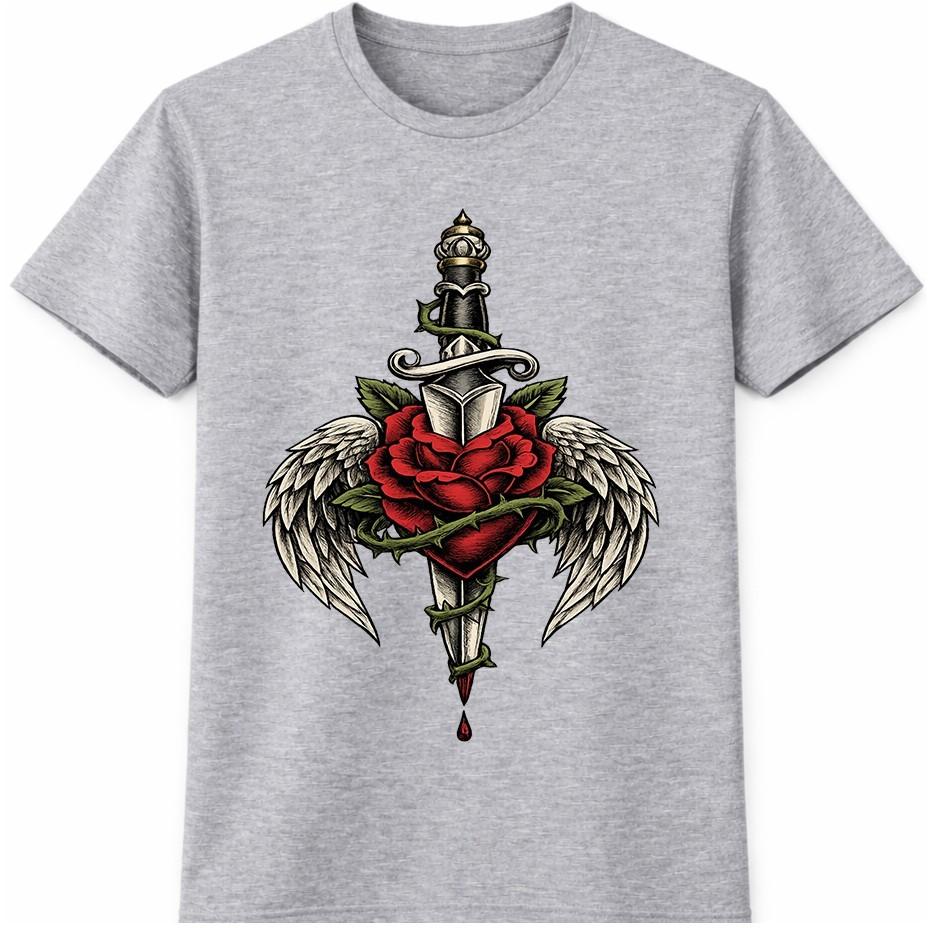 Dagger Rose T Shirt Angel Wings Gothic Tattoo Style Streetwear Graphic Tee