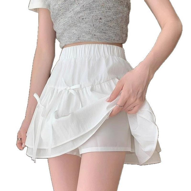 Letní nadýchaná sukně s vysokým pasem a mašlí se všitými bezpečnostními šortkami - Dámský design proti odhalení