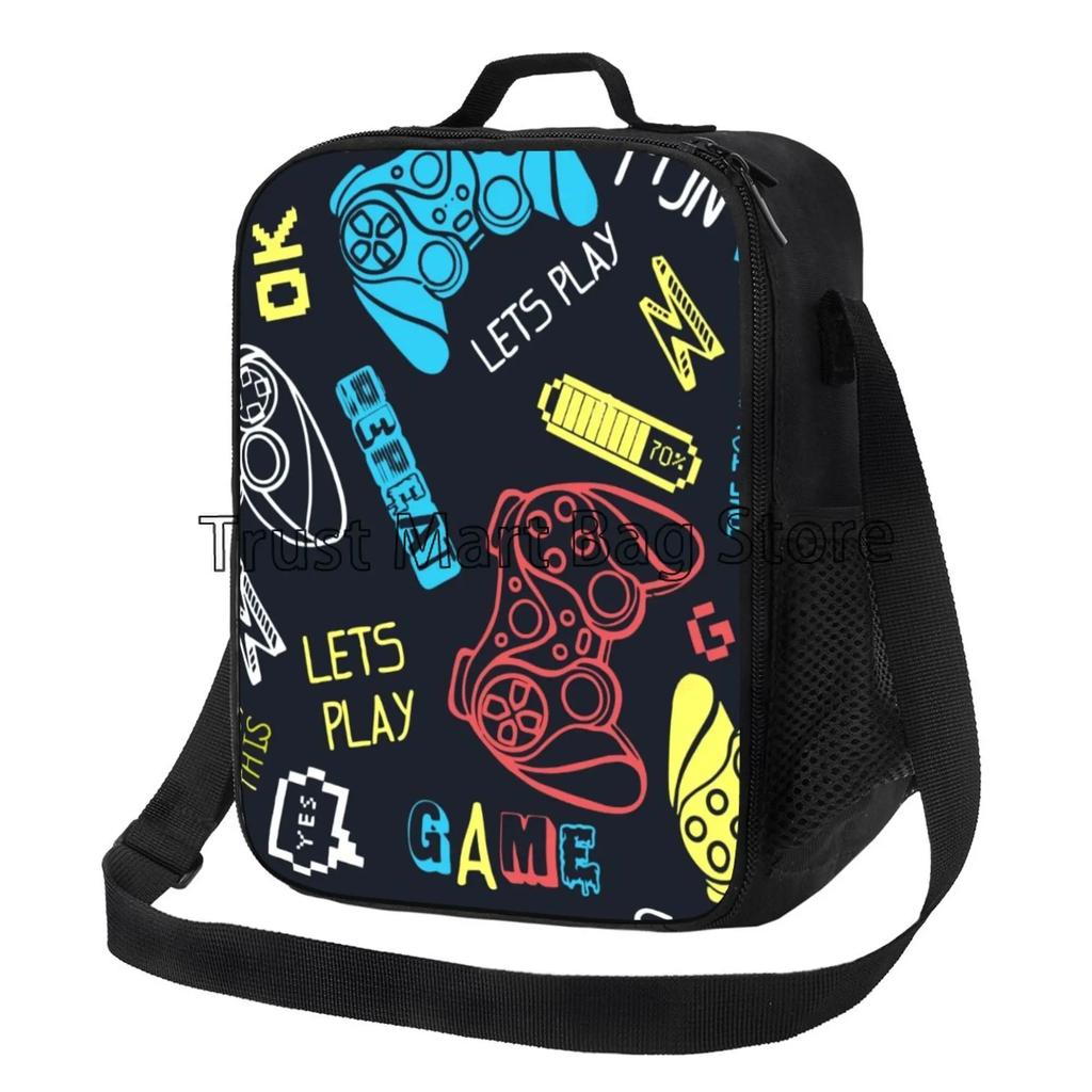 Colorful Video Game Lunch Bags Thermal Lunch Box Insulated Cooler Bag Reusable Tote Shoulder Bag for Outdoor Picnic Meal Office