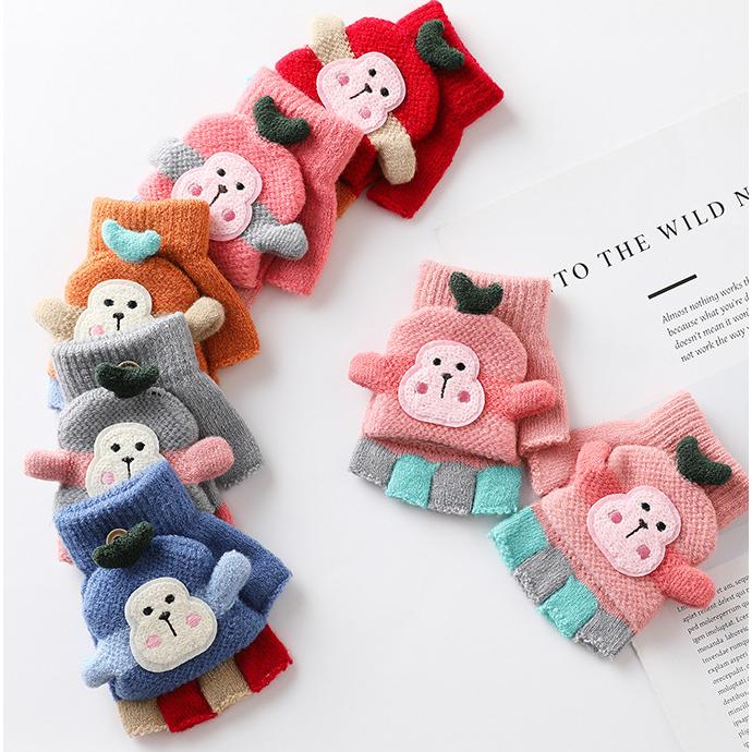 Rukavice s přehozem na půl prstu Roztomilé kreslené dětské rukavice Zimní zateplené pletené pro děti Chlapci Dívky 1-5Y Dětské doplňky