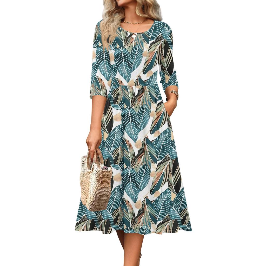3/4 Sleeve Women's Dress Casual Flowy A-Line Midi Tshirt Dresses With Pockets Crewneck Vocation Boho Beach Sundress