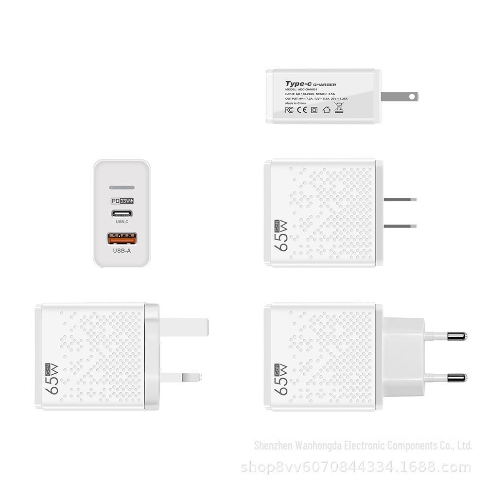 65W GaN LED nabíječka pro mobil a notebook - PD+USB rychlé nabíjení, EU/UK standard